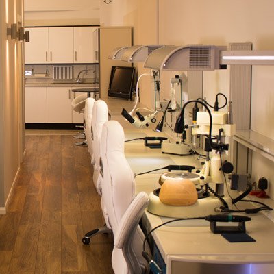 Photograph of some dental laboratory work stations.